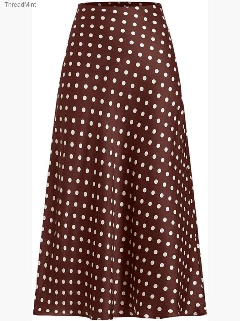 Elegant Polka Dot Satin Midi Skirt High Waisted Flowy Swing A-Line